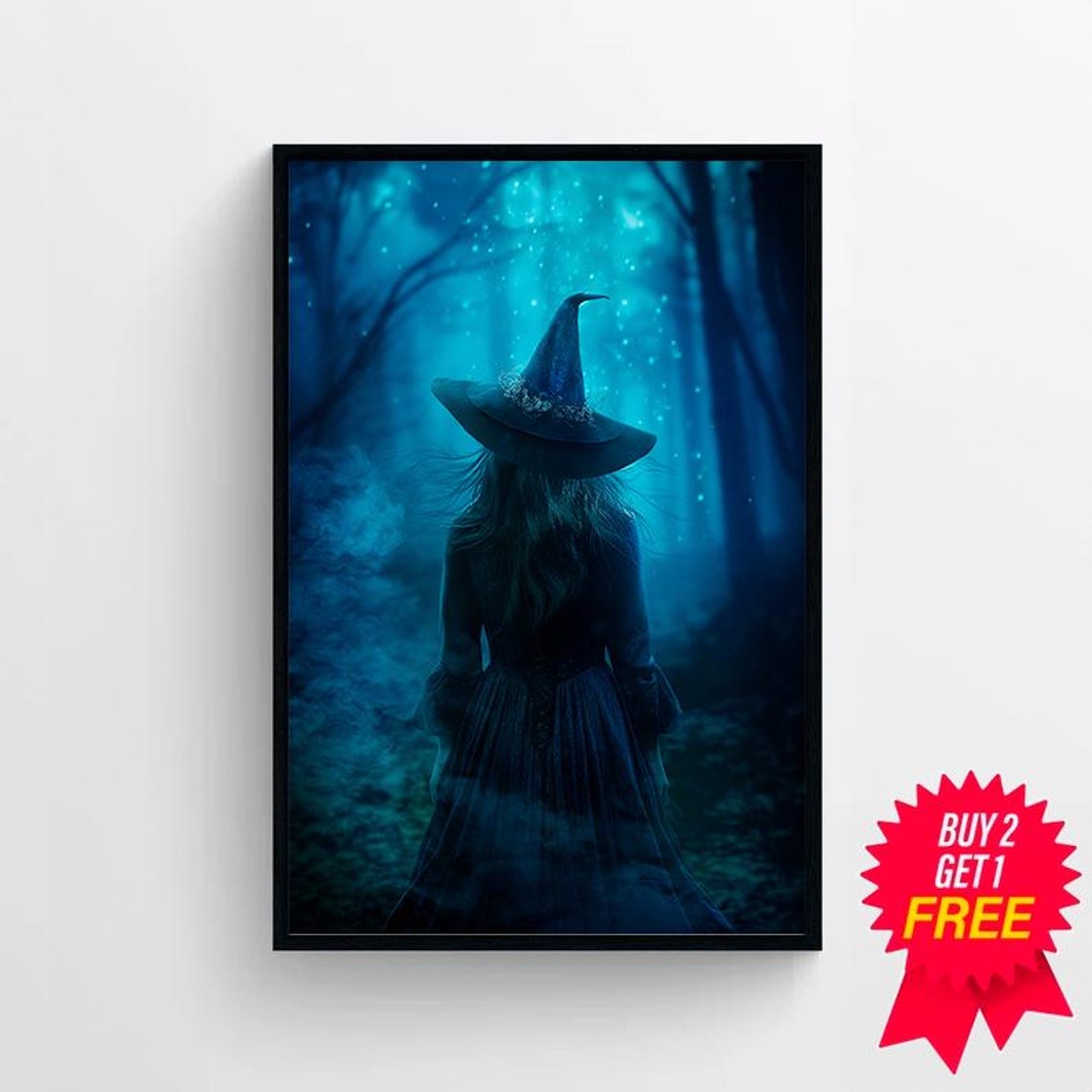 A Witch Walking Into A Glowing Blue Misty Forest Night Poster - Image 4