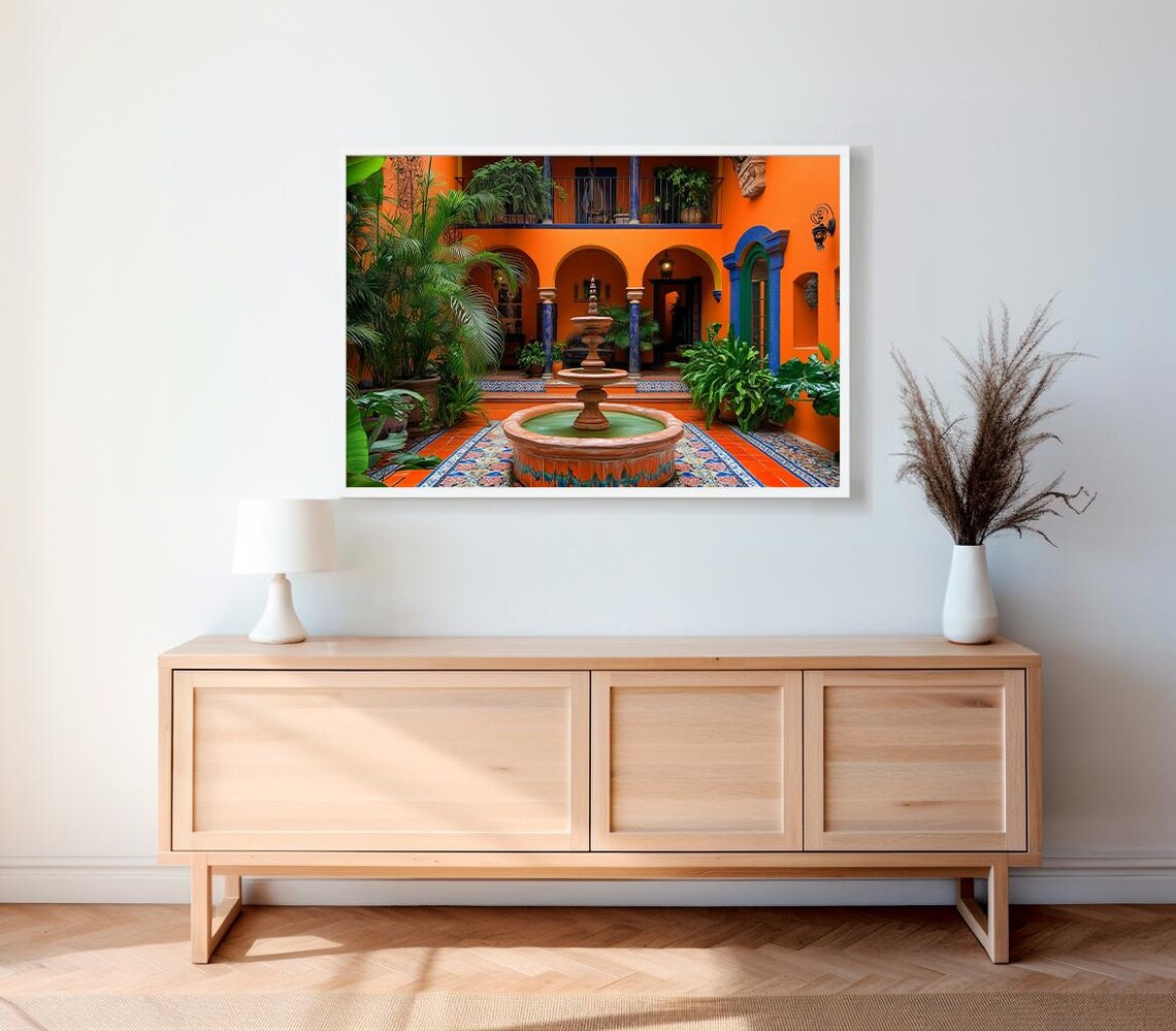 Mexican Courtyard With Orange Walls and Fountain Oil Painting Poster - Image 2