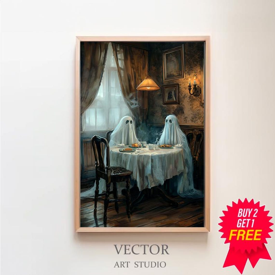 Two Cute Ghosts Having A Candlelit Dinner In A Vintage Room Poster