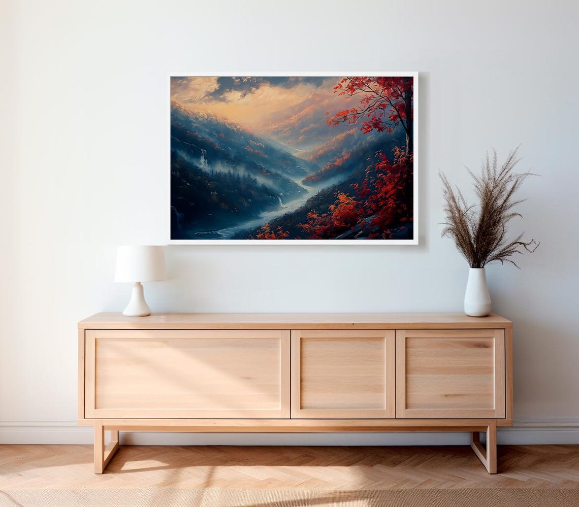 Misty Mountain Valley Red Autumn Foliage Scenic Landscape Poster - Image 2