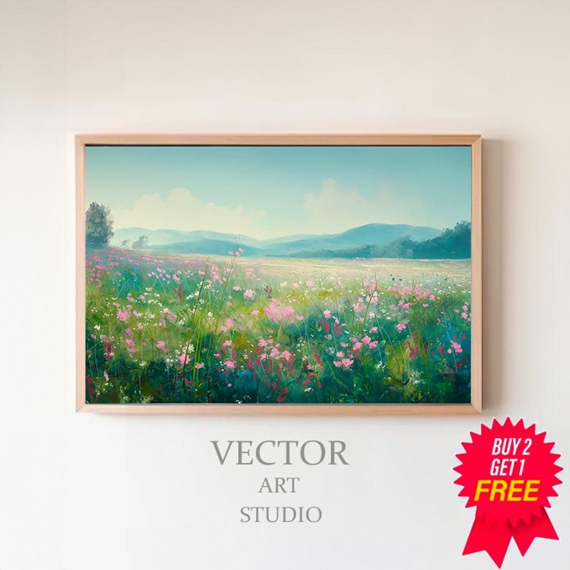 Pink Wildflower Meadow Under Blue Sky Spring Landscape Art Poster