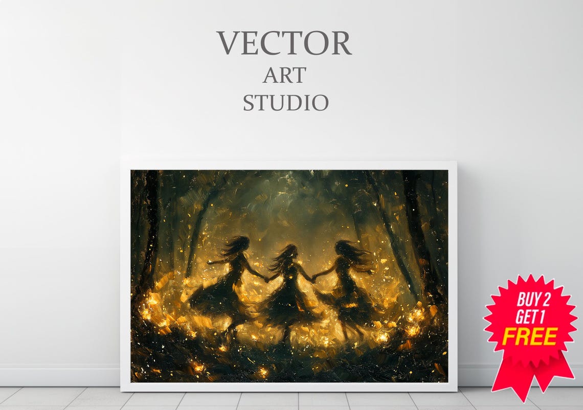 Golden Forest Dancing Fairies in Ember Glow Night Scene Poster - Image 3