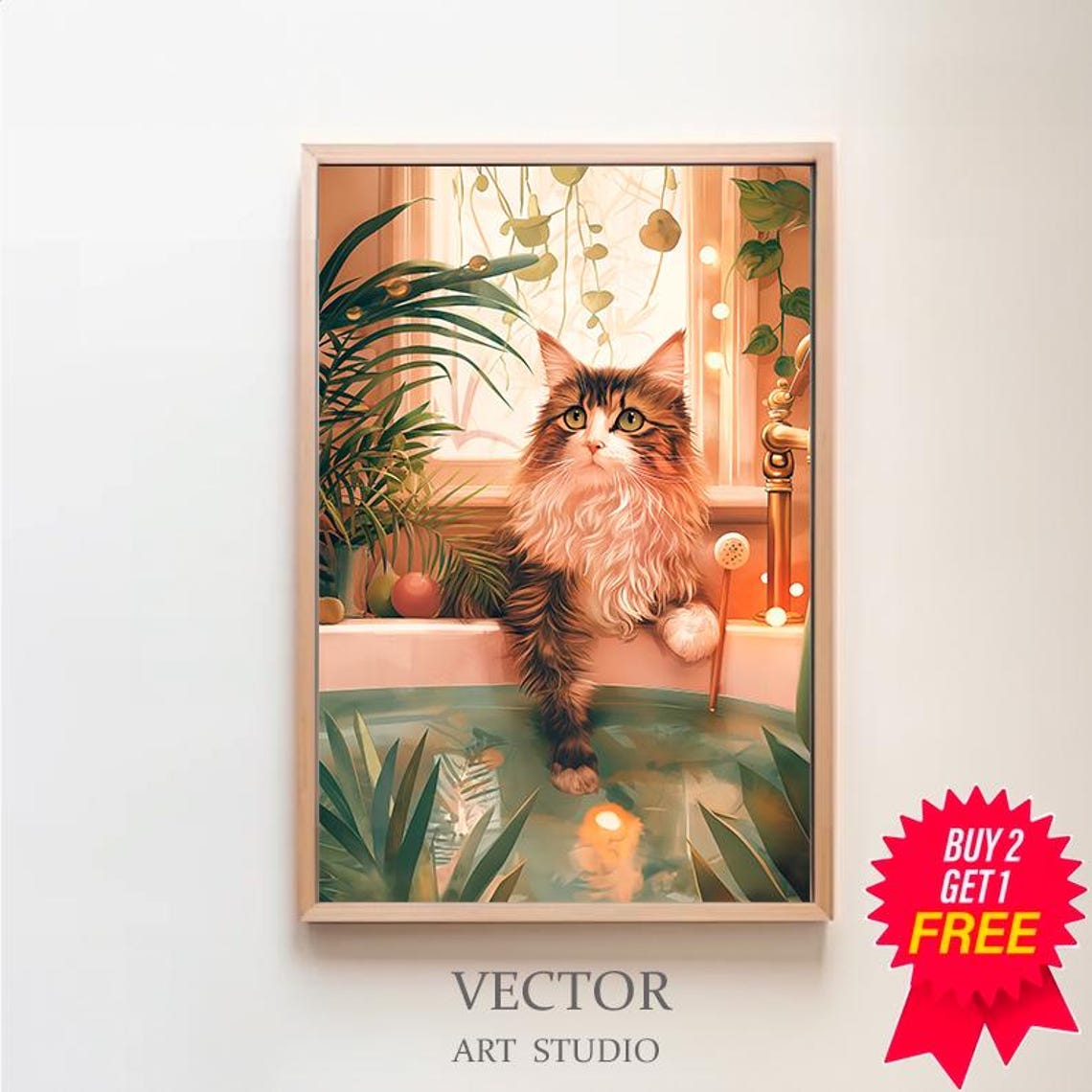 Long Haired Tabby Cat in a Plant Filled Bathtub Spa Art Poster