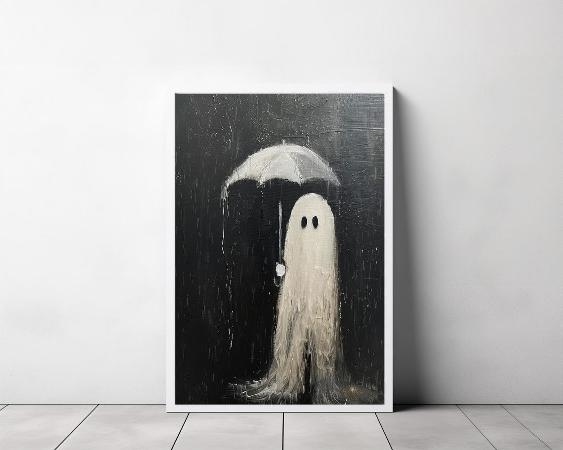 Cute Ghost with Umbrella in Rain Dark Haunting Halloween Art Poster - Image 3