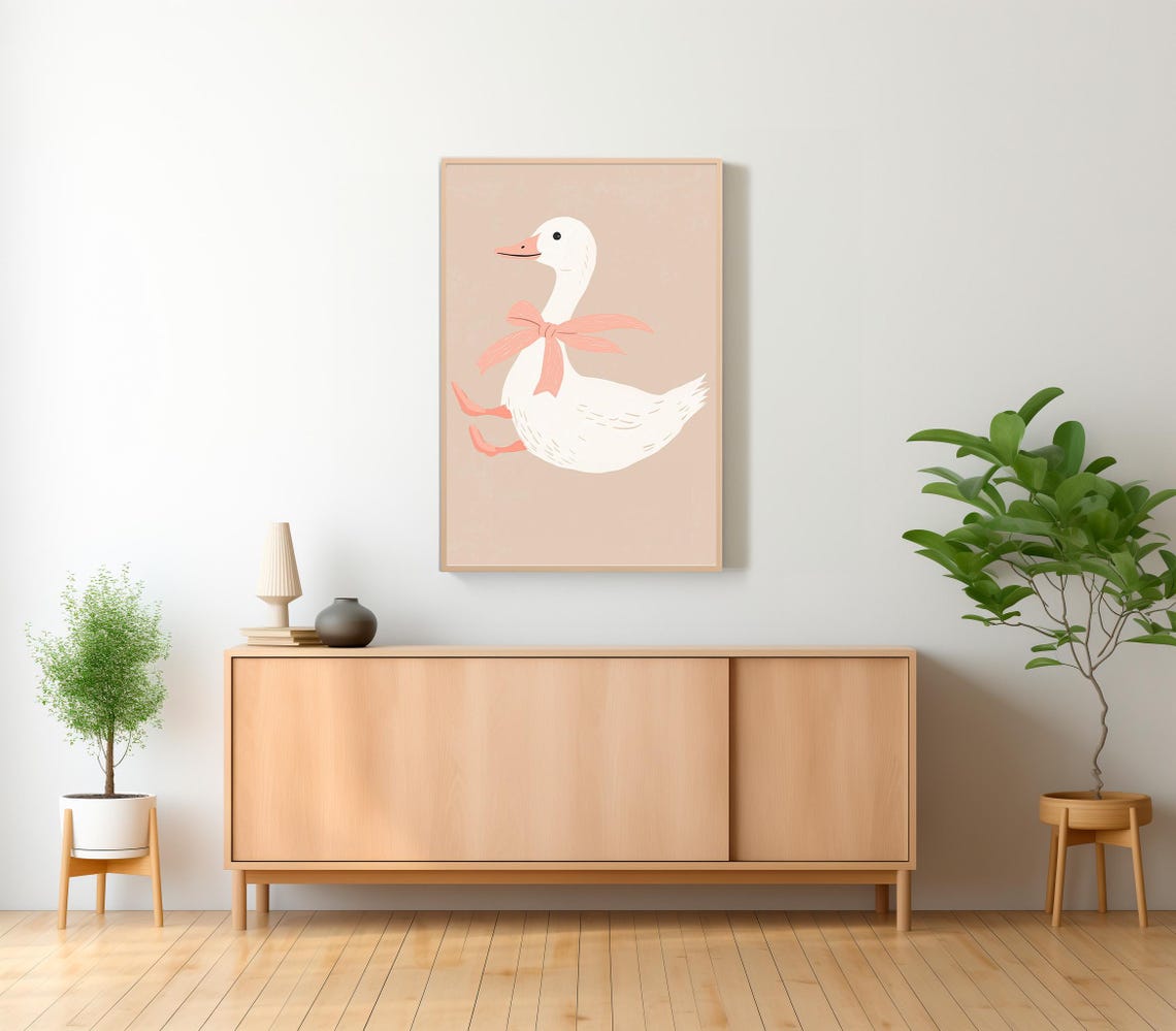 Duck With Pink Scarf Running on Beige Coquette Nursery Poster - Image 2