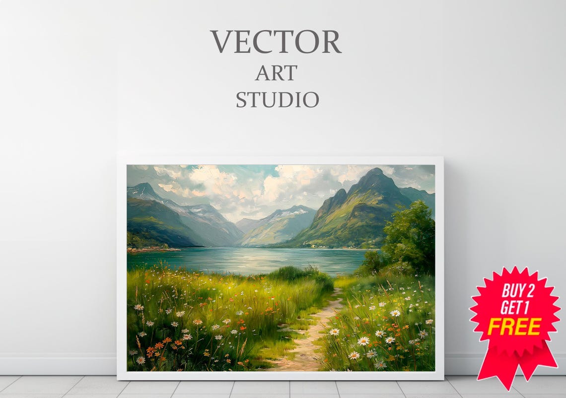 Rustic Country Field Artwork Perfect For Home Refresh Vintage Landscape Mountain Spring Meadow Painting - Image 3