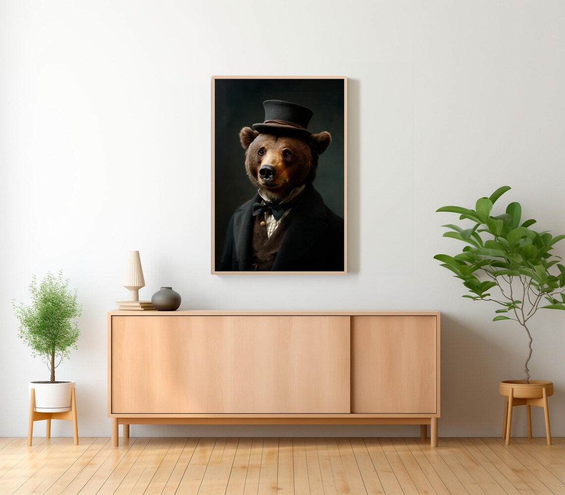 Dapper Brown Bear Portrait in Top Hat and Tuxedo Whimsical Animal Poster - Image 2