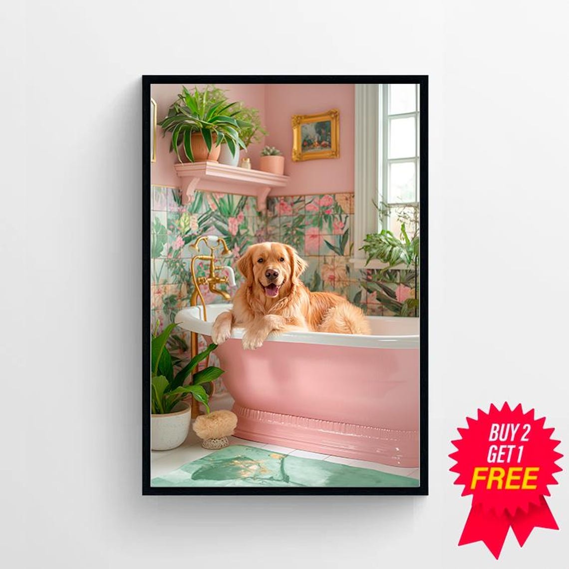 Cheerful Golden Retriever in a Pink Bathtub Tropical Bathroom Poster - Image 4