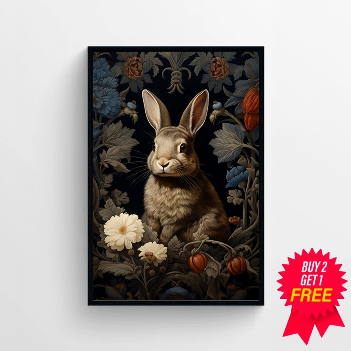 Brown Rabbit in a Moody Midnight Floral Garden Vintage Art Poster - Image 4
