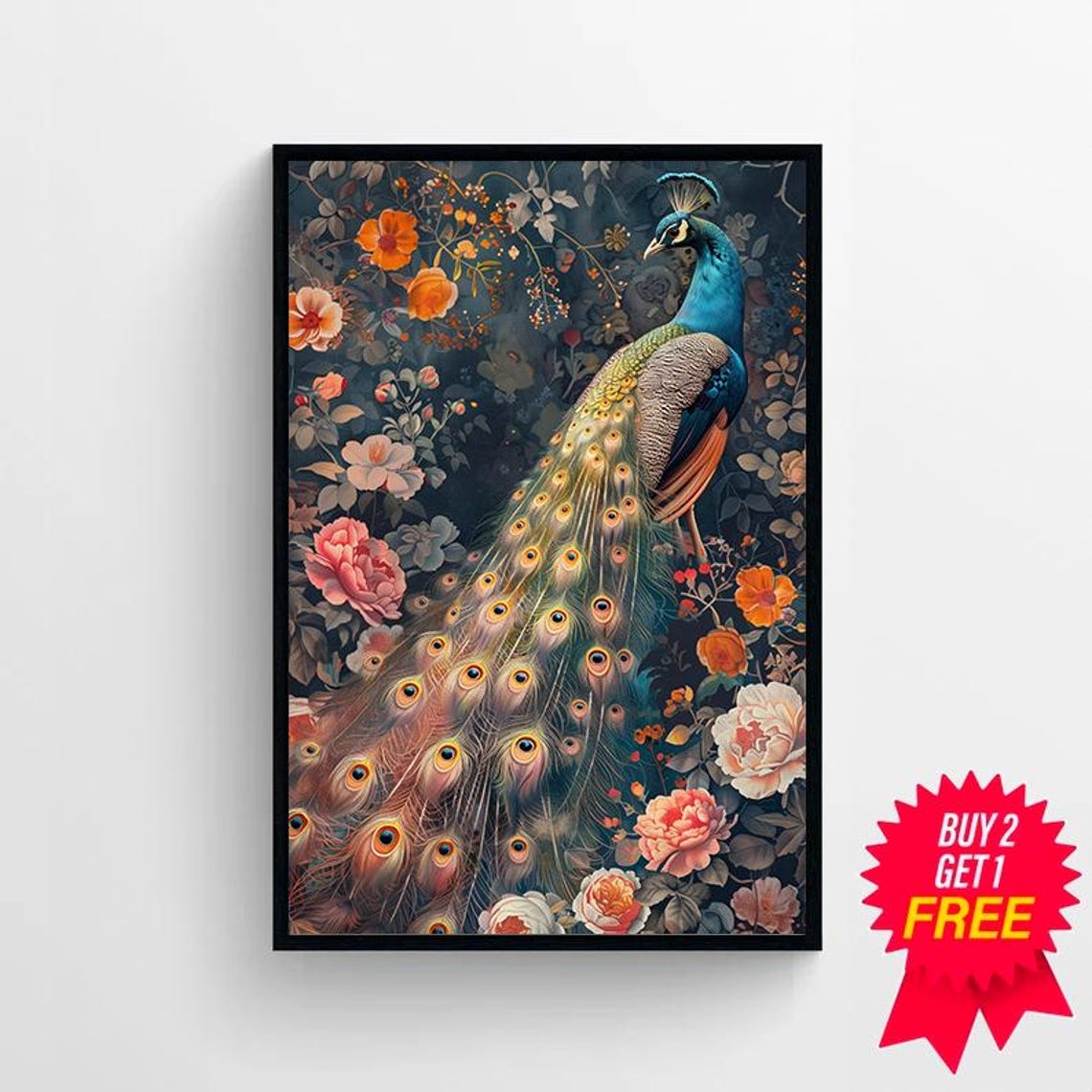 Peacock with Long Tail in Dark Botanical Vintage Floral Poster - Image 4