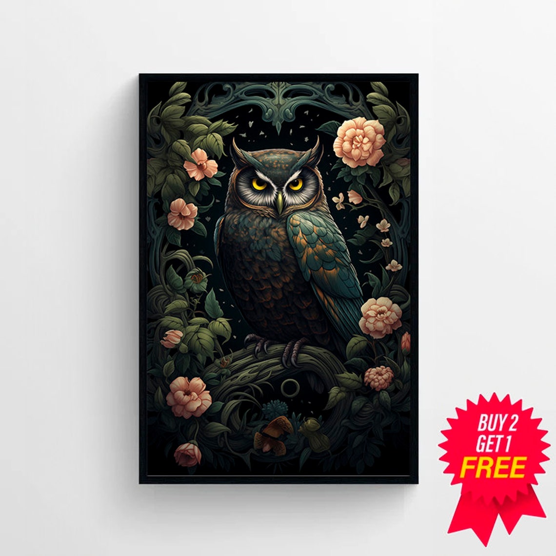 Wise Owl Yellow Eyes Floral Night Garden Botanical Art Poster - Image 4