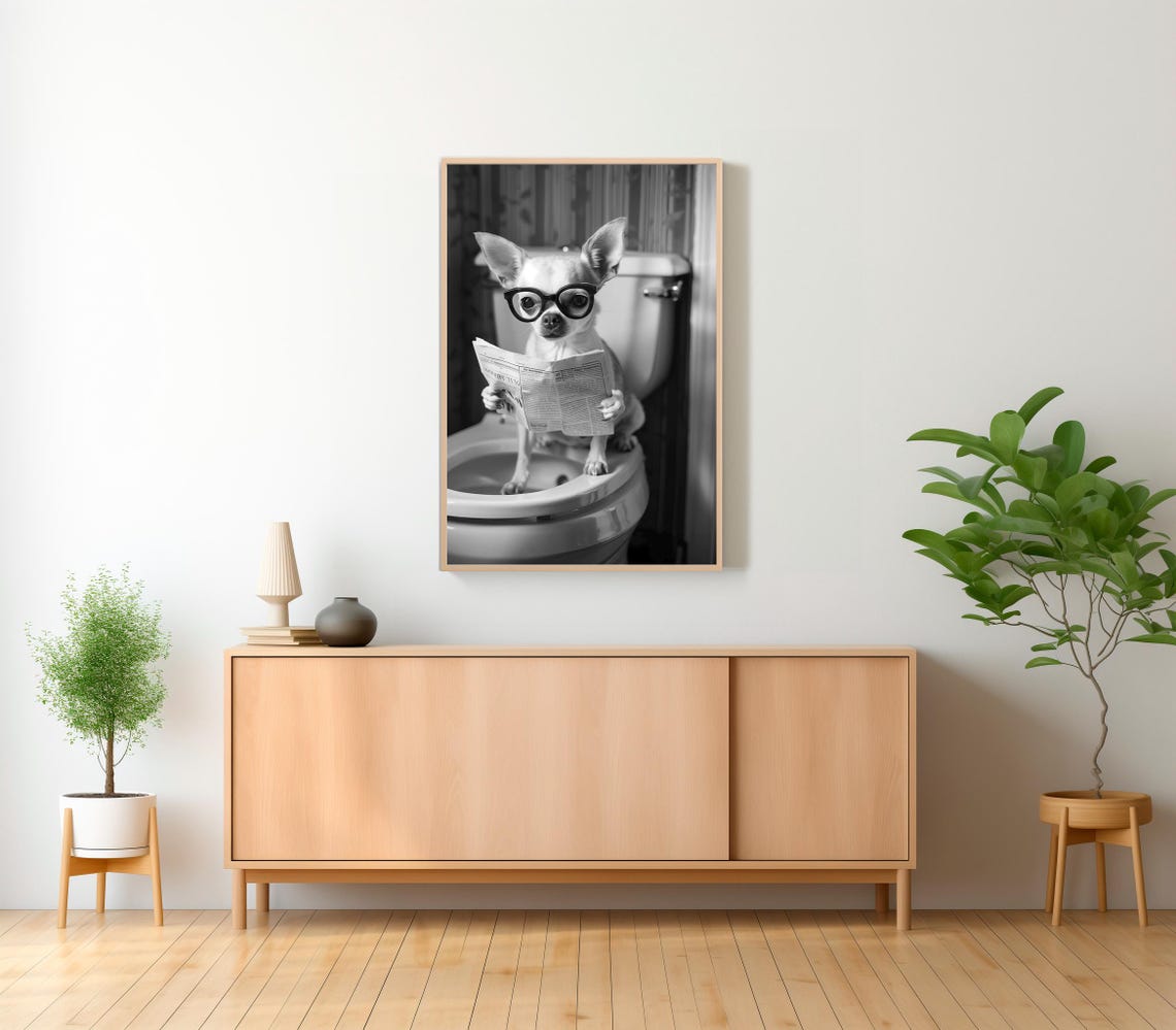 Chihuahua with Glasses Reading Newspaper on Toilet Funny Poster - Image 2