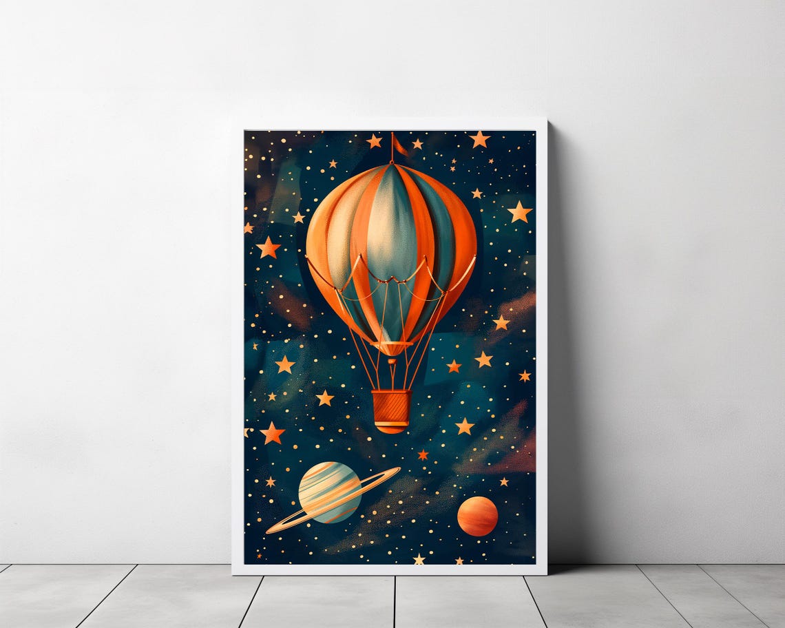 Hot Air Balloon Starry Night Sky Planets Kids Nursery Poster - Image 3