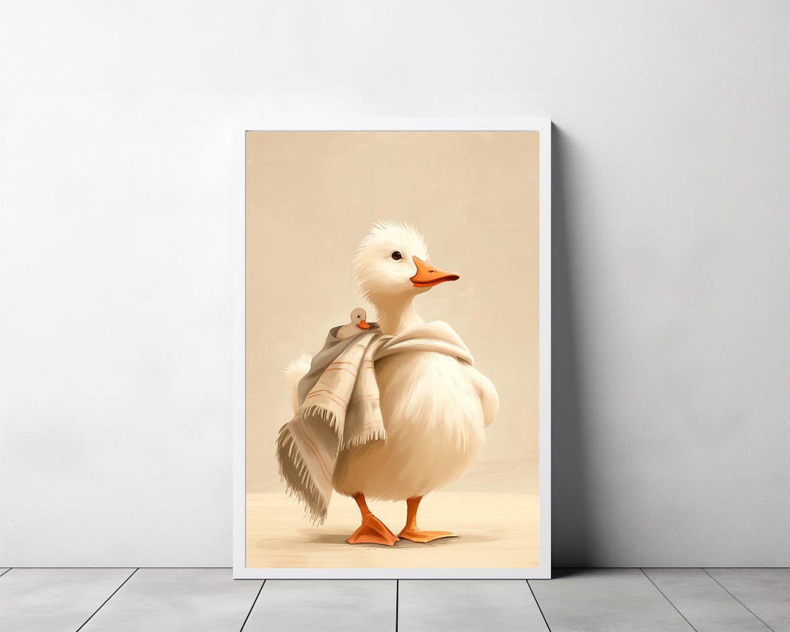 Mother Duck Cuddling Duckling in Beige Shawl Sweet Nursery Poster - Image 3