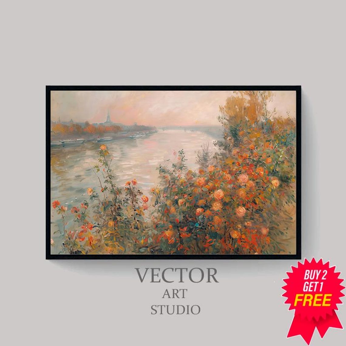 Riverside Wild Roses at Sunset Impressionist Garden Landscape Poster - Image 4