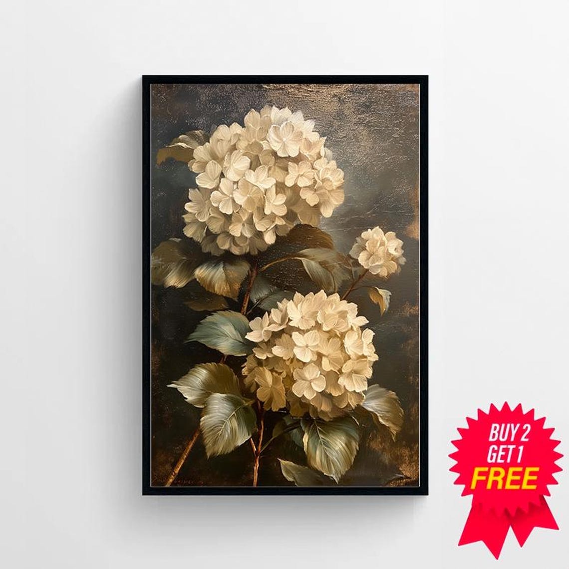 Moody Cream Hydrangea Blossom Clusters Dark Vintage Floral Poster - Image 4
