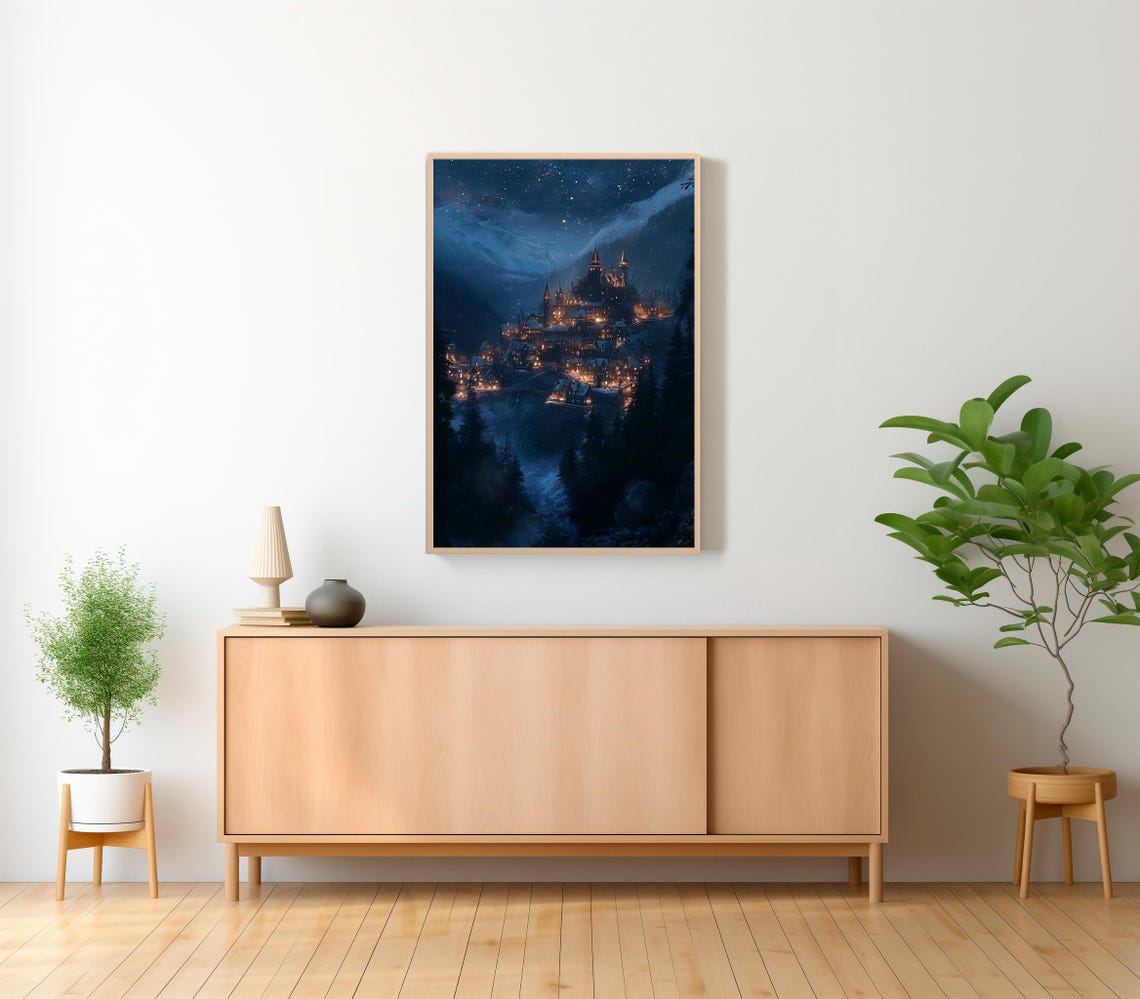 Moonlit Castle Town Under A Starry Night Blue Fantasy Poster - Image 2