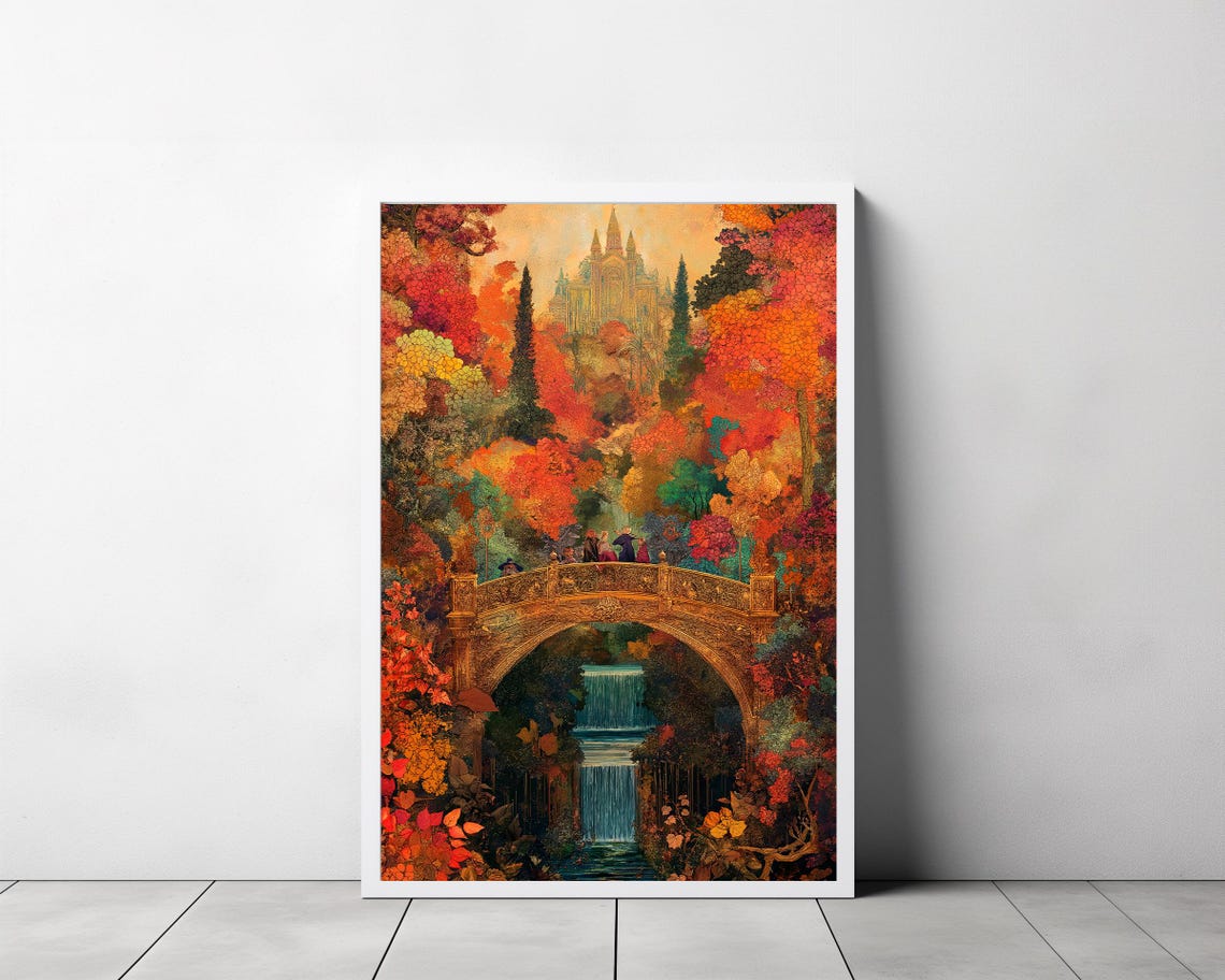 Autumn Forest Waterfall Castle Bridge Enchanting Fantasy Art Poster - Image 3