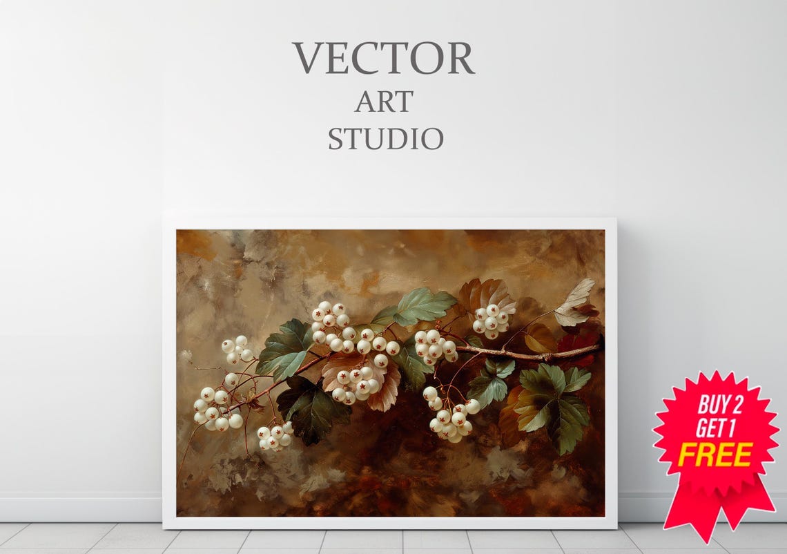 White Snowberry Branch Vintage Botanical Neutral Winter Art Poster - Image 3