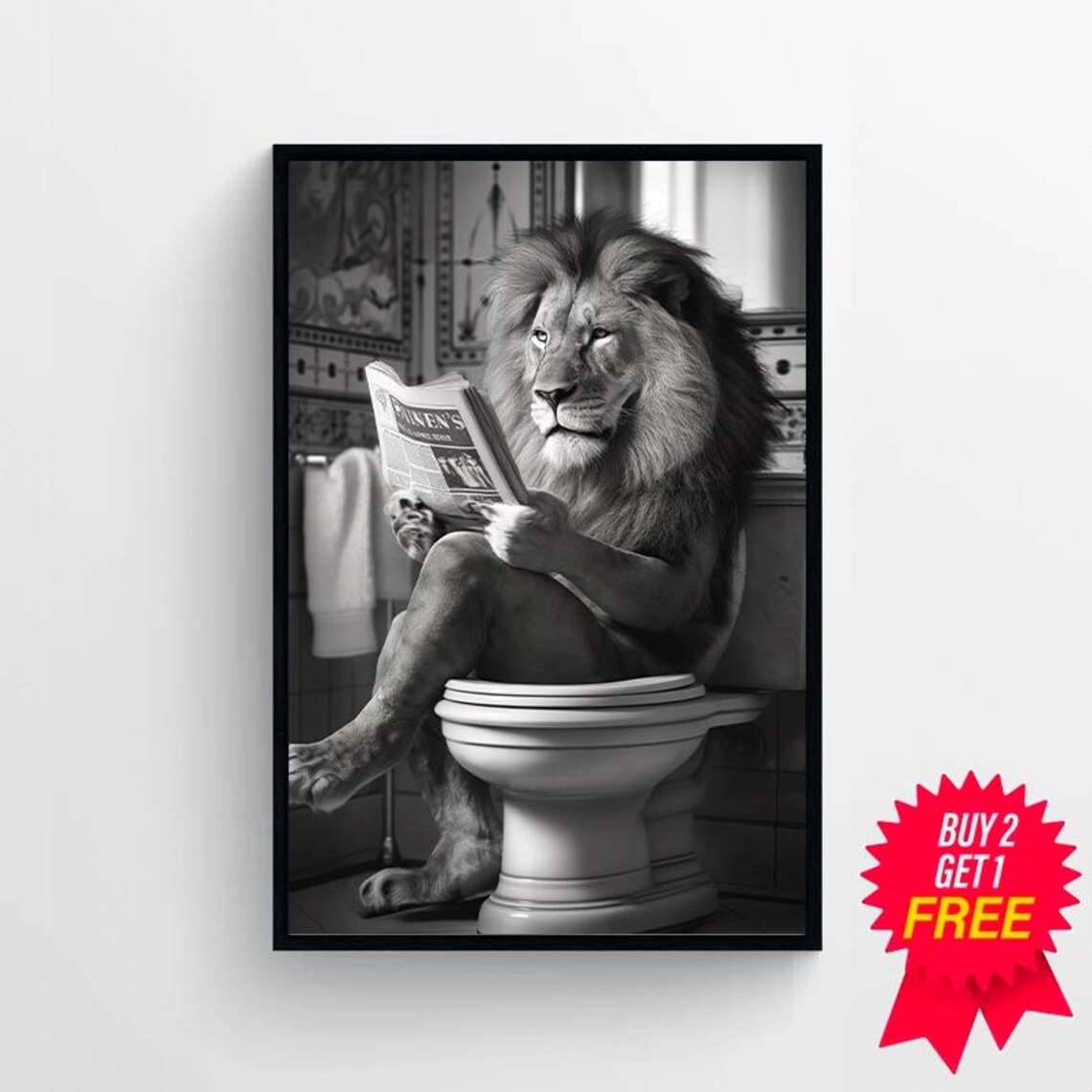 Lion in Toilet Bathroom Art Print, Black and White - Image 4