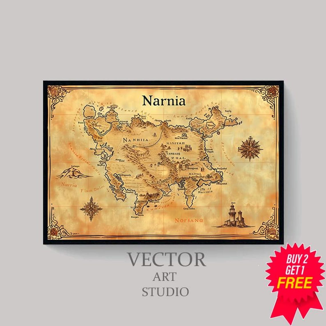 Narnia Fantasy Map On Aged Parchment With Compass Rose Poster - Image 4