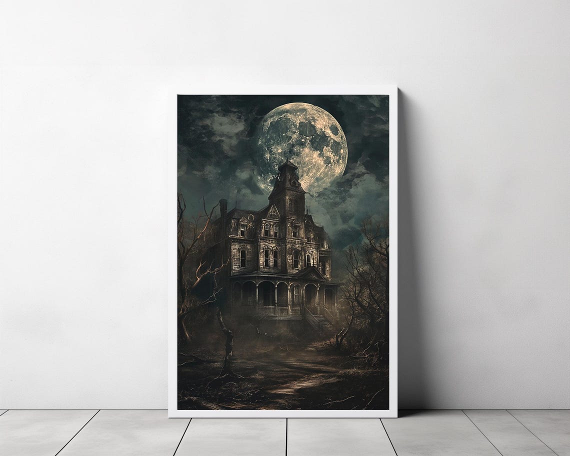 Haunted House Under Full Moon Dark Moody Halloween Art Print - Image 3