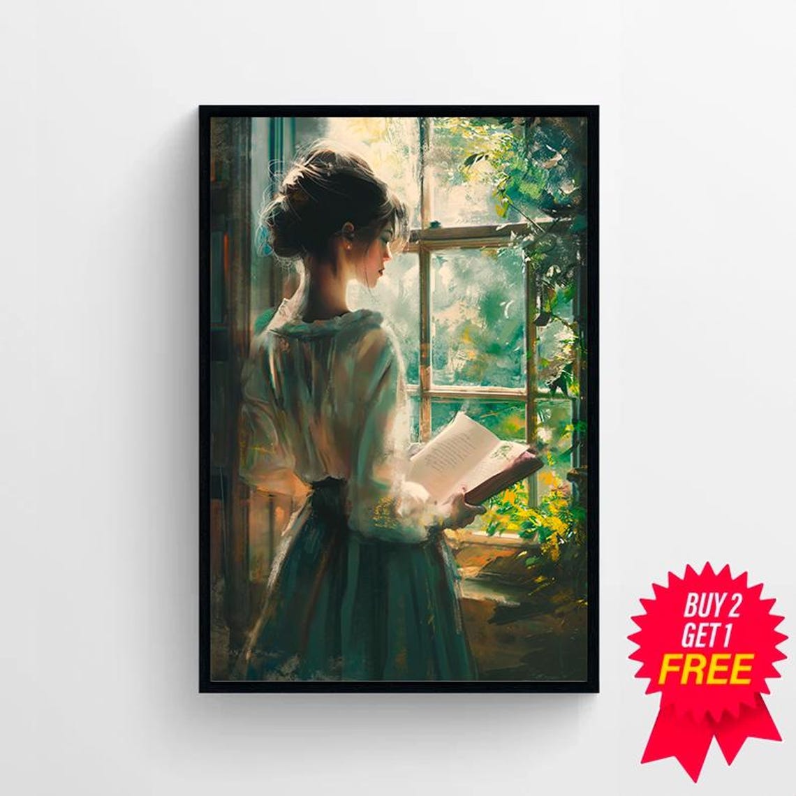 Woman Reading Beside a Sunlit Window Vintage Oil Painting Art Poster - Image 4