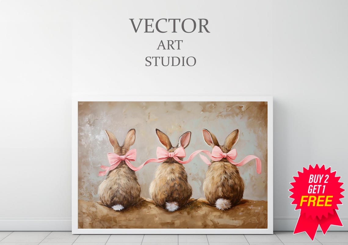 Three Bunnies With Pink Bows Seen From Behind Vintage Easter Poster - Image 3