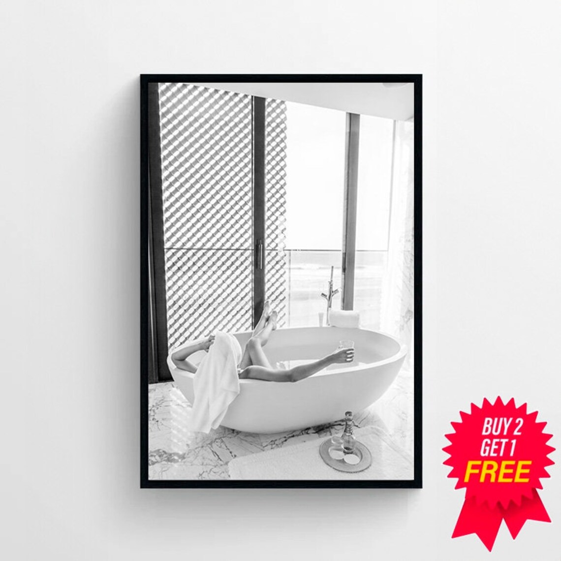 Woman Relaxing In Marble Bathtub With Wine Glass Black And White Poster - Image 4