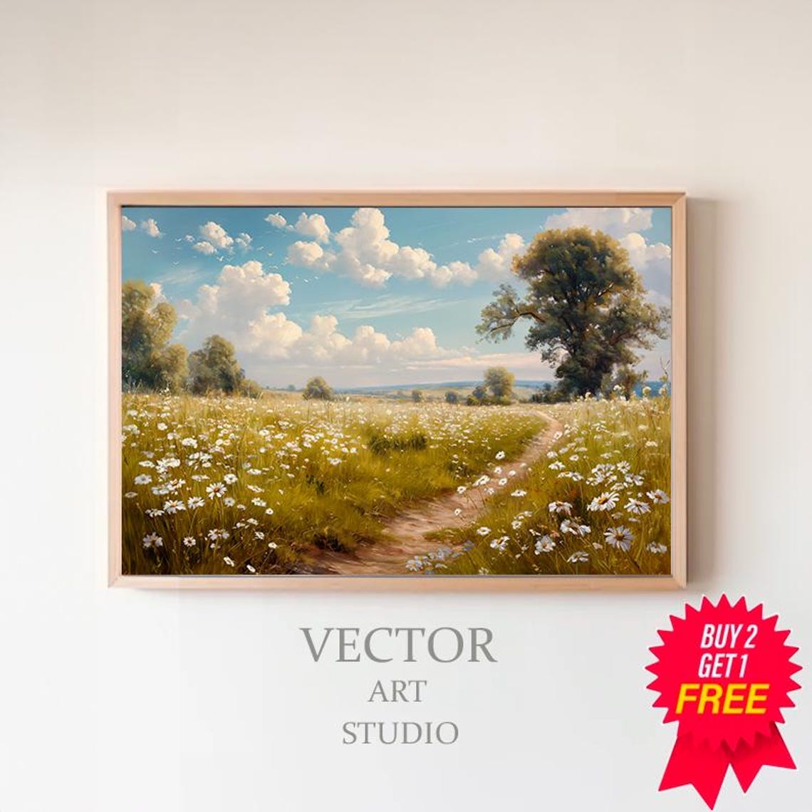 Daisy Field with Winding Country Path Summer Landscape Art Poster