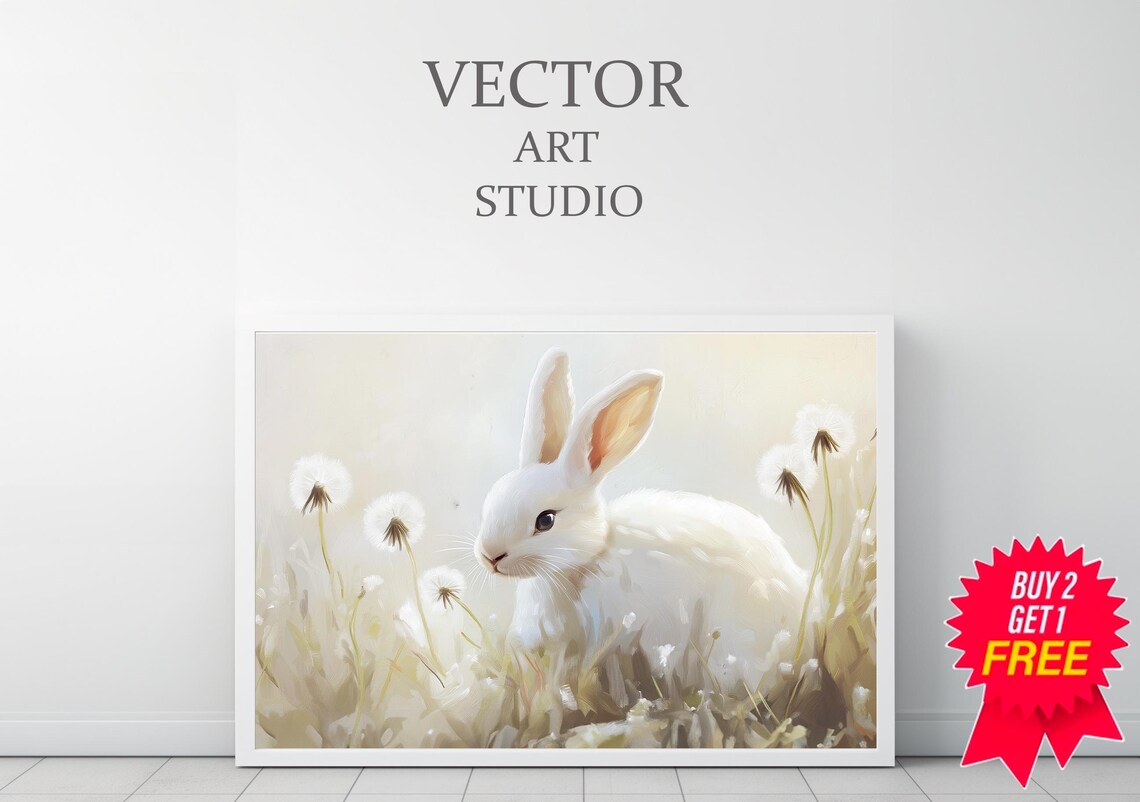 White Rabbit Resting Among Dandelions in a Pale Dreamy Meadow Art Poster - Image 4