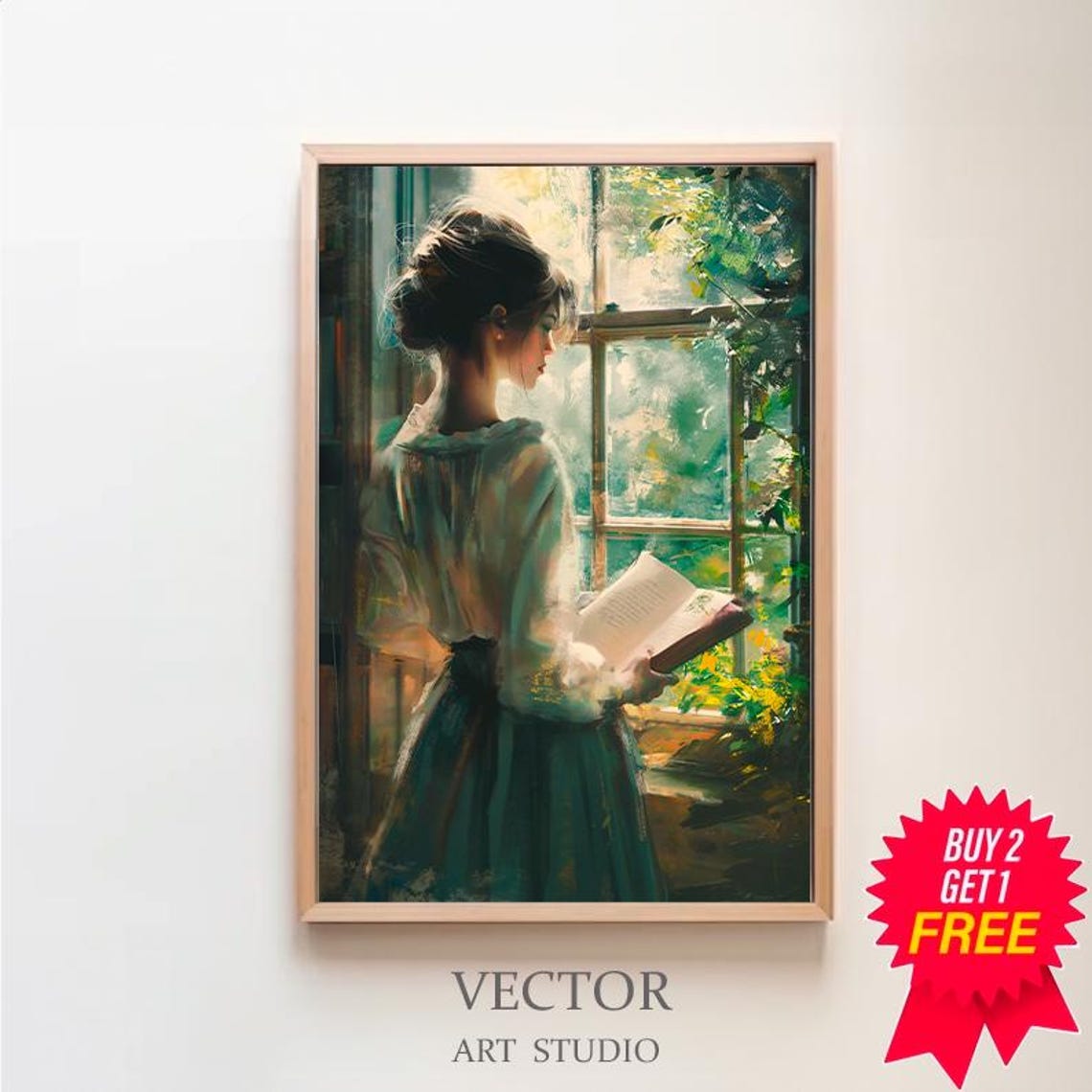Woman Reading Beside a Sunlit Window Vintage Oil Painting Art Poster
