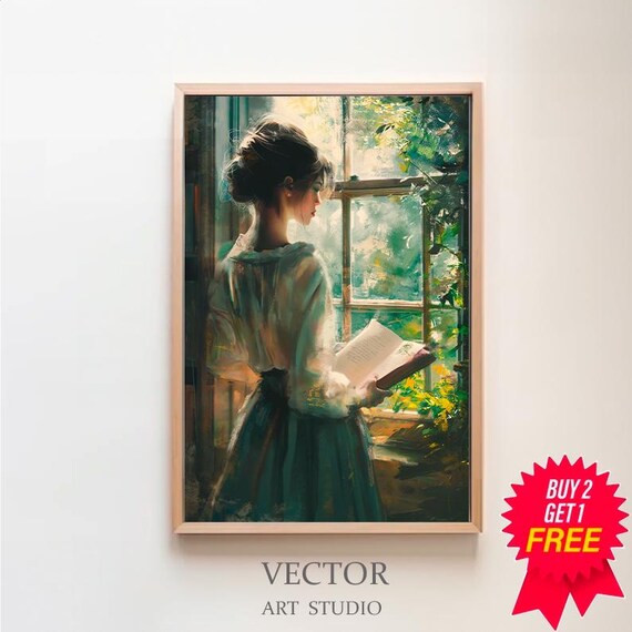 Woman Reading Beside a Sunlit Window Vintage Oil Painting Art Poster