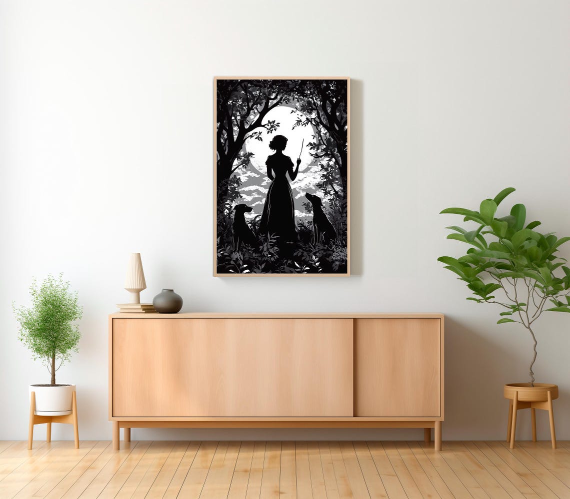 Hecate Goddess Silhouette Holding Staff Full Moon Forest Night Poster - Image 2