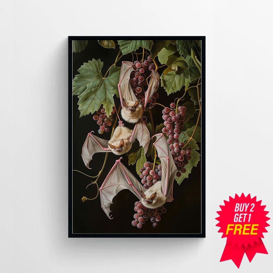 Three White Bats Hanging Among Purple Grapes Dark Botanical Art Poster - Image 4