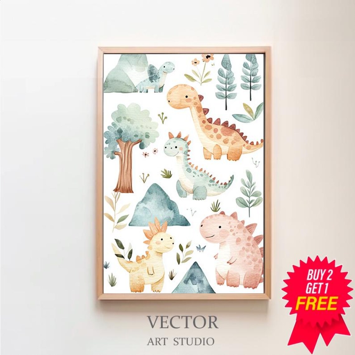 Five Baby Dinosaurs in Soft Pastel Watercolor Nursery Wall Art
