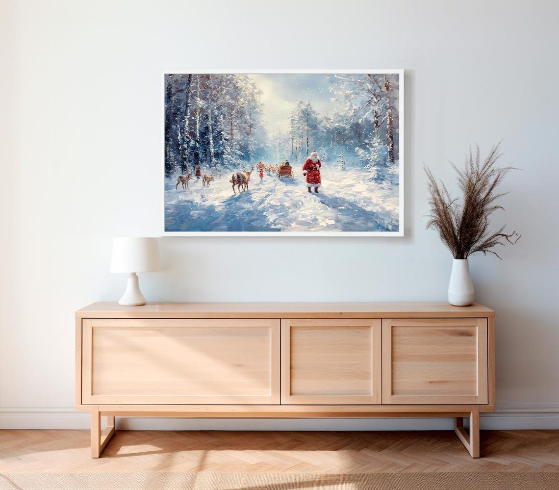 Santa Claus Walking With Reindeer Sleigh In Snowy Forest Wall Art - Image 2