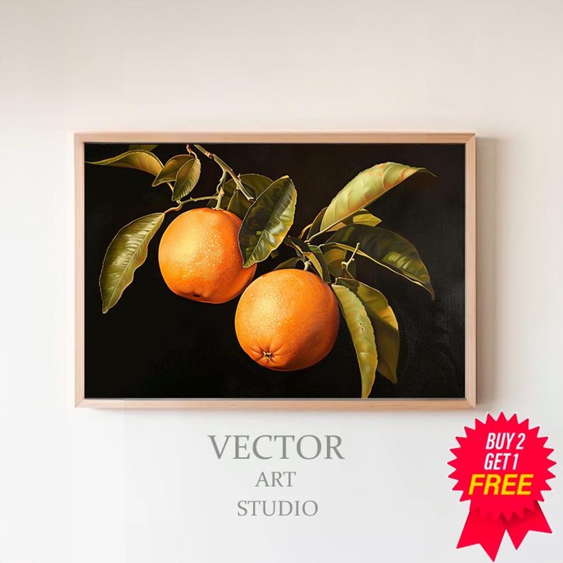 Two Golden Ripe Oranges on Branch Against Dark Background Poster