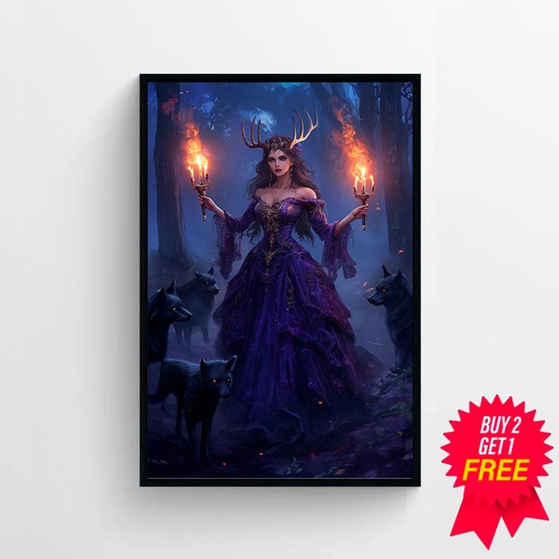 Hecate Dark Goddess with Flaming Torches and Black Hounds Poster - Image 4