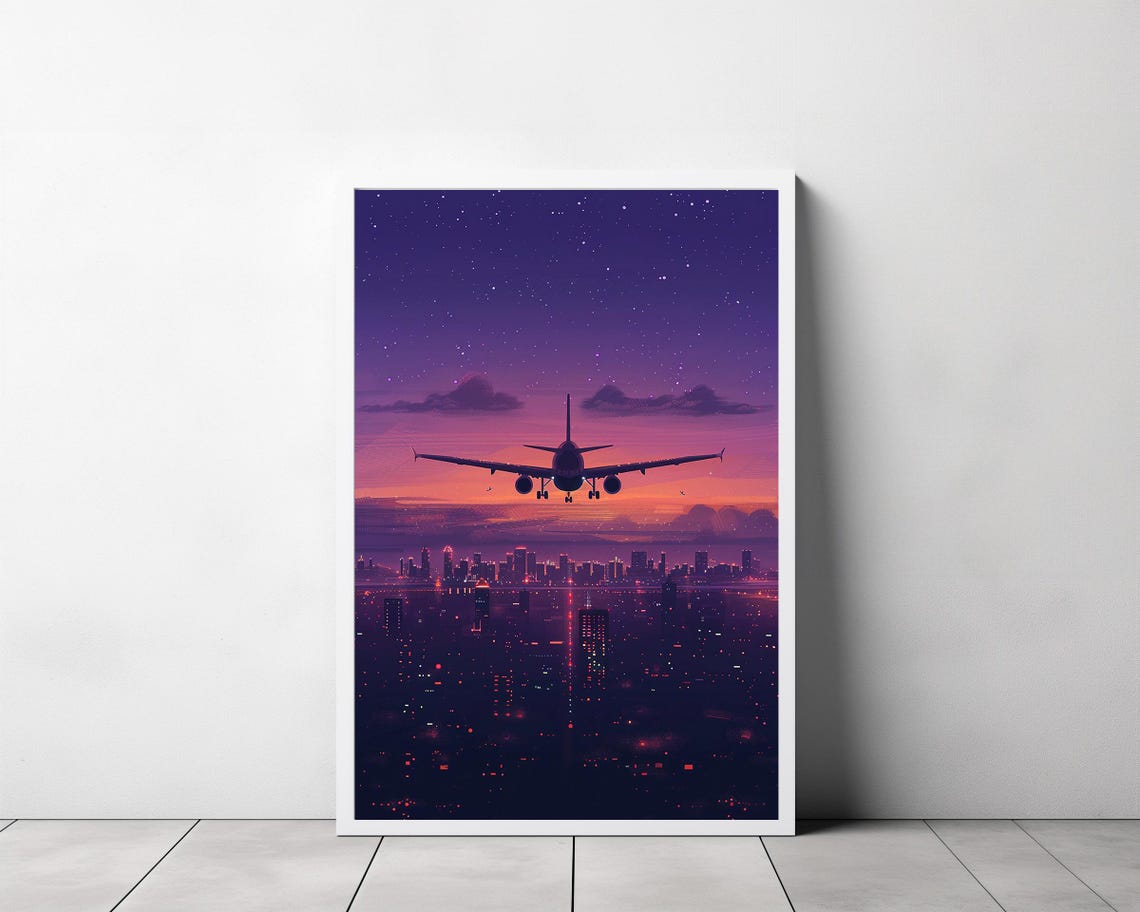 Airplane Over Neon City Night Sky Synthwave Travel Art Poster - Image 3