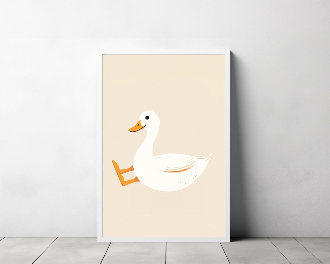 Cheerful White Duck Running on Warm Beige Background Nursery Poster - Image 3