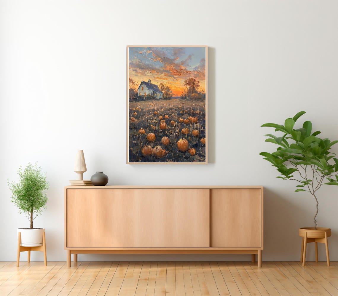 Blue Farmhouse at Sunset Pumpkin Patch Autumn Painting Poster - Image 2