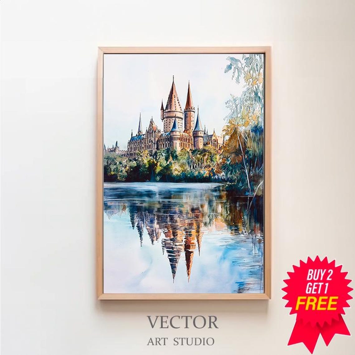 Wizard Castle Daytime Lake Blue Trees Watercolor Painting Poster