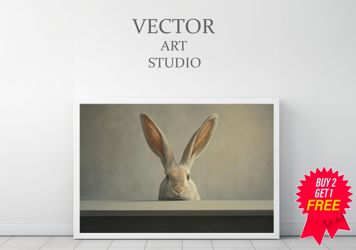 Cream Bunny with Tall Ears Peeking Over a Wooden Ledge Poster - Image 3