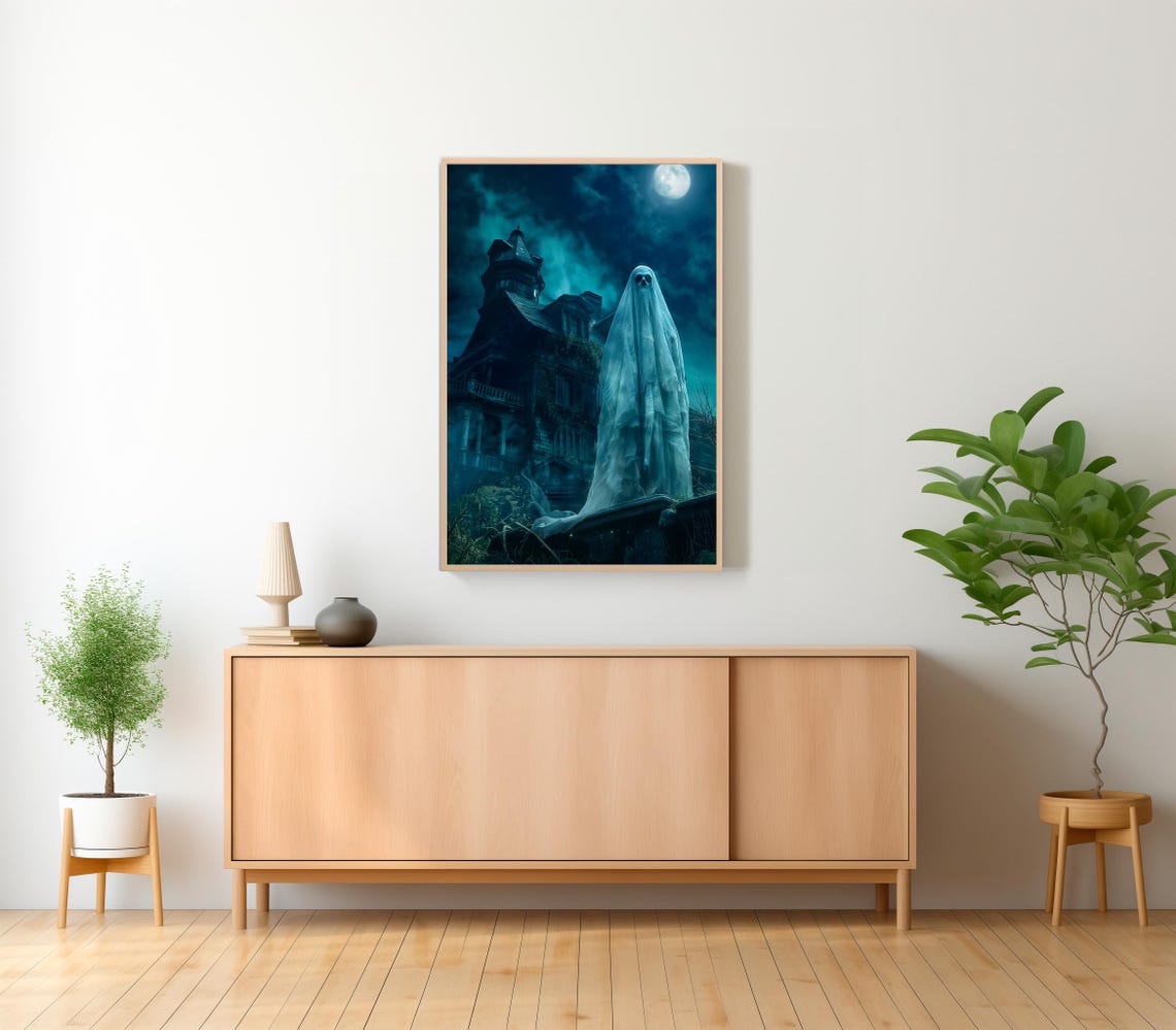 Ghost Standing By Haunted Mansion Under Full Moon Halloween Poster - Image 2