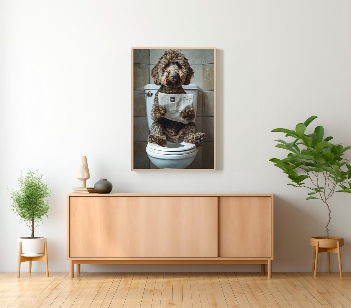 Funny Labradoodle on Toilet Reading Newspaper Bathroom Print - Image 2