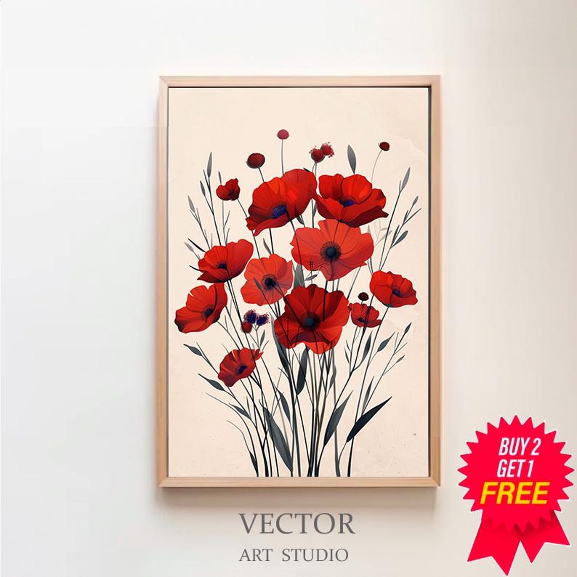Wild Red Poppies Meadow Bouquet on a Soft Cream Floral Art Poster