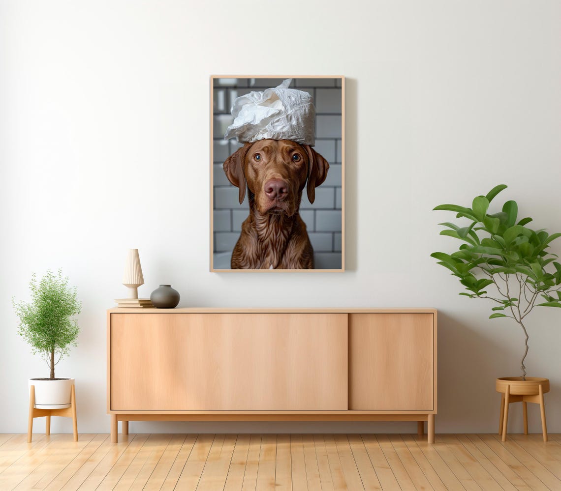 Funny Wide-Eyed Vizsla with Toilet Paper Hat Fresh from Bath Poster - Image 2