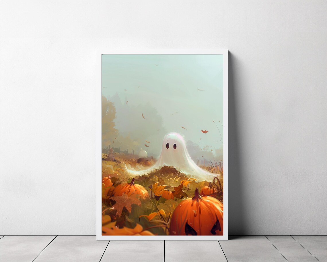 Ghost Floating In Sunlit Pumpkin Field With Grumpy Jack-O-Lantern Poster - Image 3