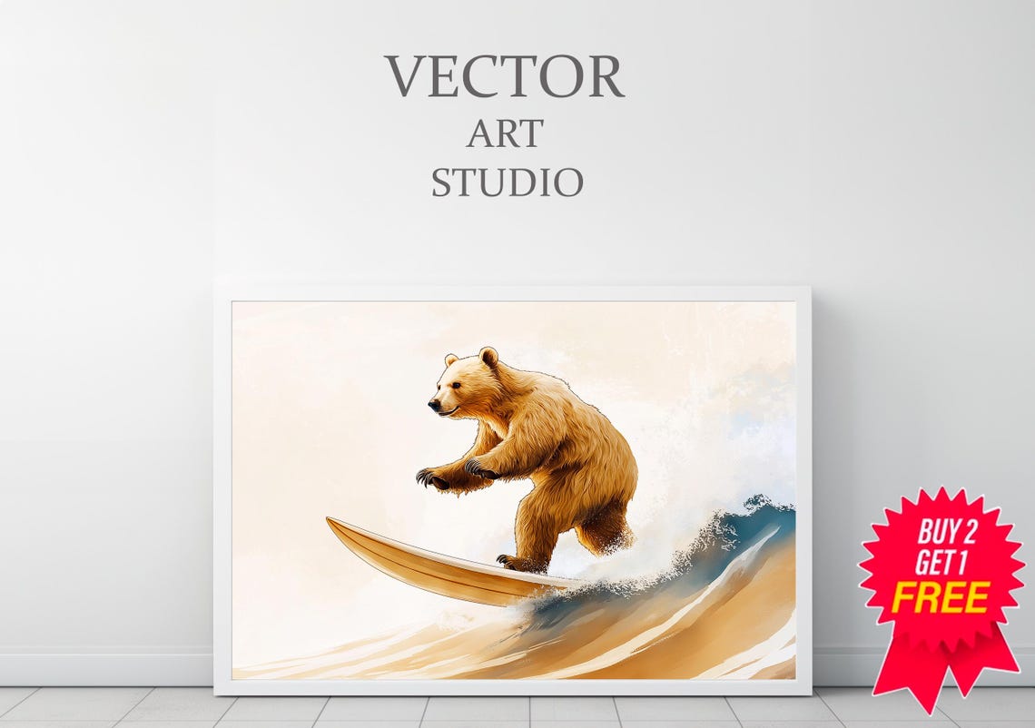 Golden Bear Surfing A Warm Golden Wave On A Surfboard Nursery Wall Art - Image 3